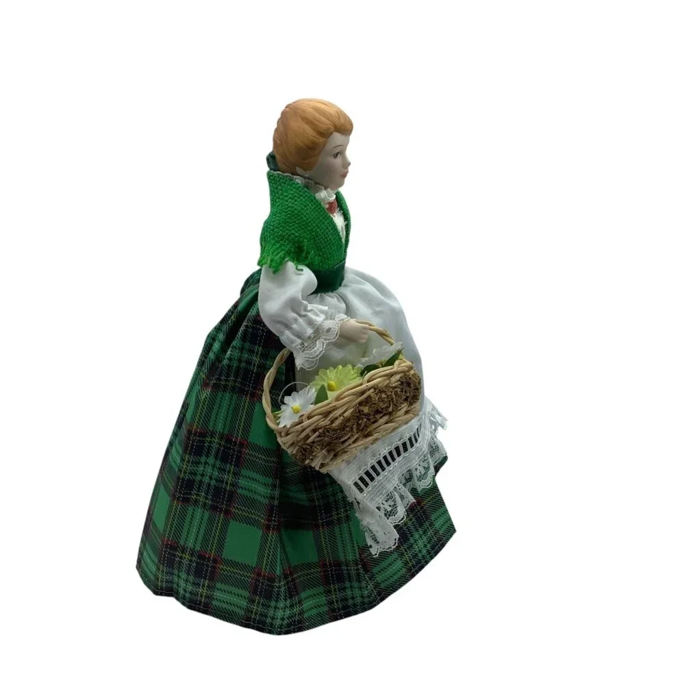 Vtg 1990 AVON Irish‎ Porcelain Doll Green Plaid Dress & Basket 8